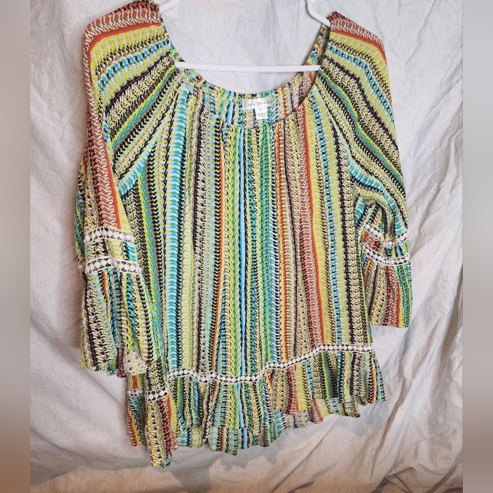 JohnPaulRichard Green and Yellow Ruffled 3/4 Sleeve Blouse